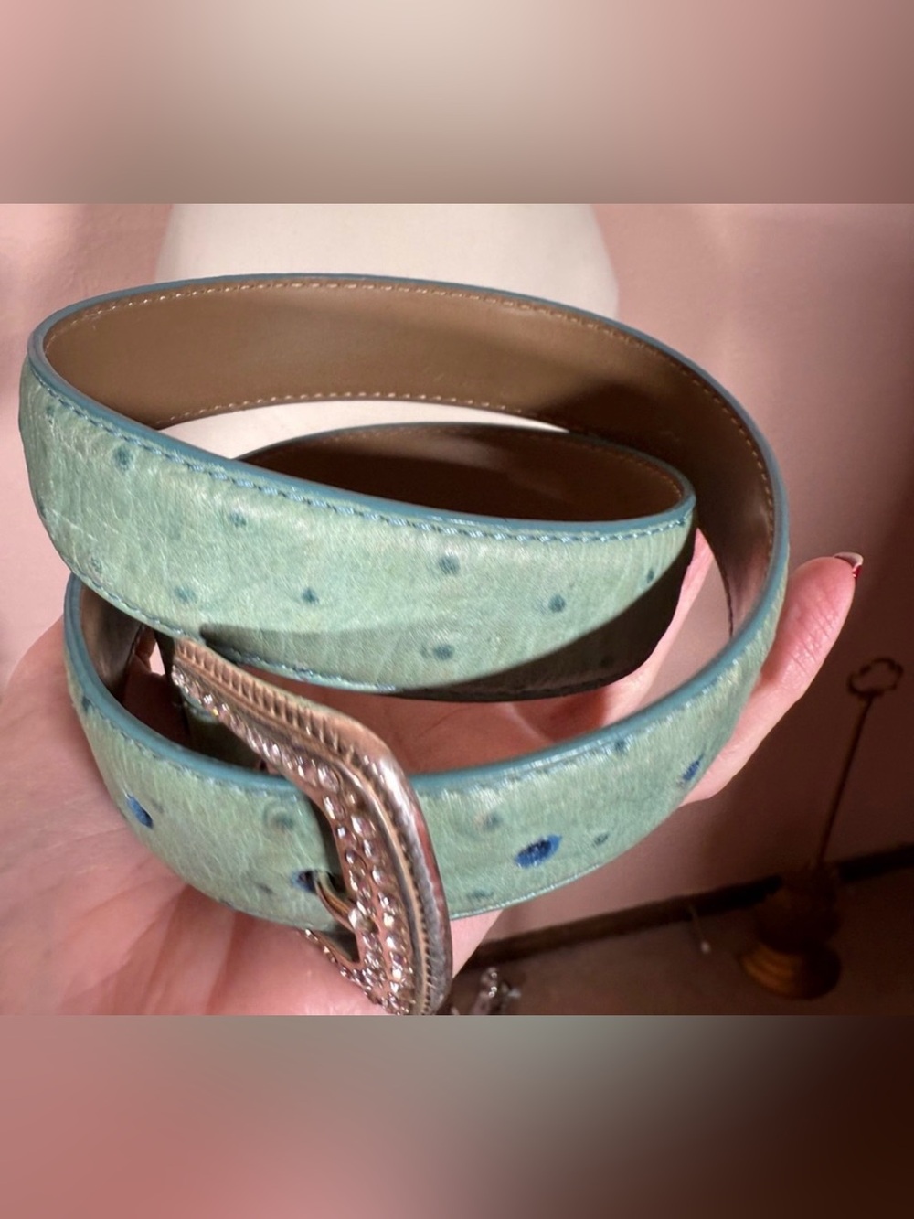 Roper turquoise ostrich embossed leather rhinestone silver buckle western belt - Picture 11 of 14